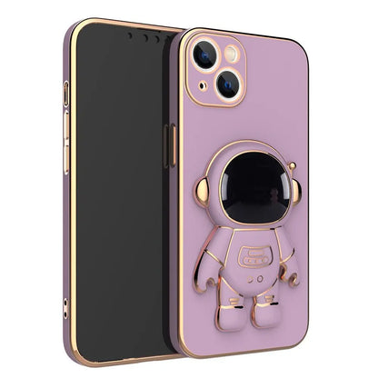 Purple 3D astronaut phone case with gold electroplating bracket and anti-drop design for iPhone models
