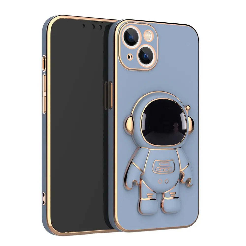Light blue iPhone case with 3D cartoon astronaut design and gold electroplated detailing with anti-drop protection