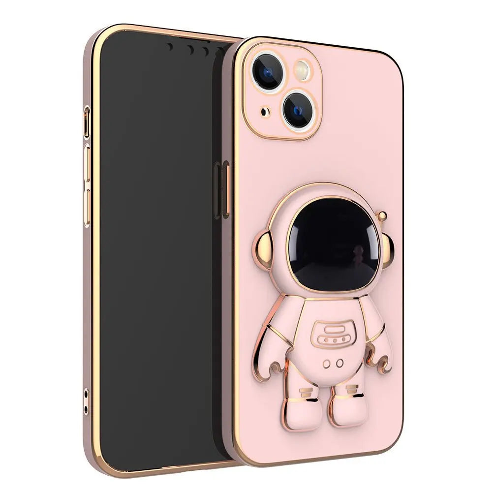 Pink iPhone case with 3D cartoon astronaut design and gold electroplated anti-drop protective edges