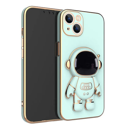 iPhone case with a 3D cartoon astronaut design, light blue background, electroplating gold accents, and anti-drop protection