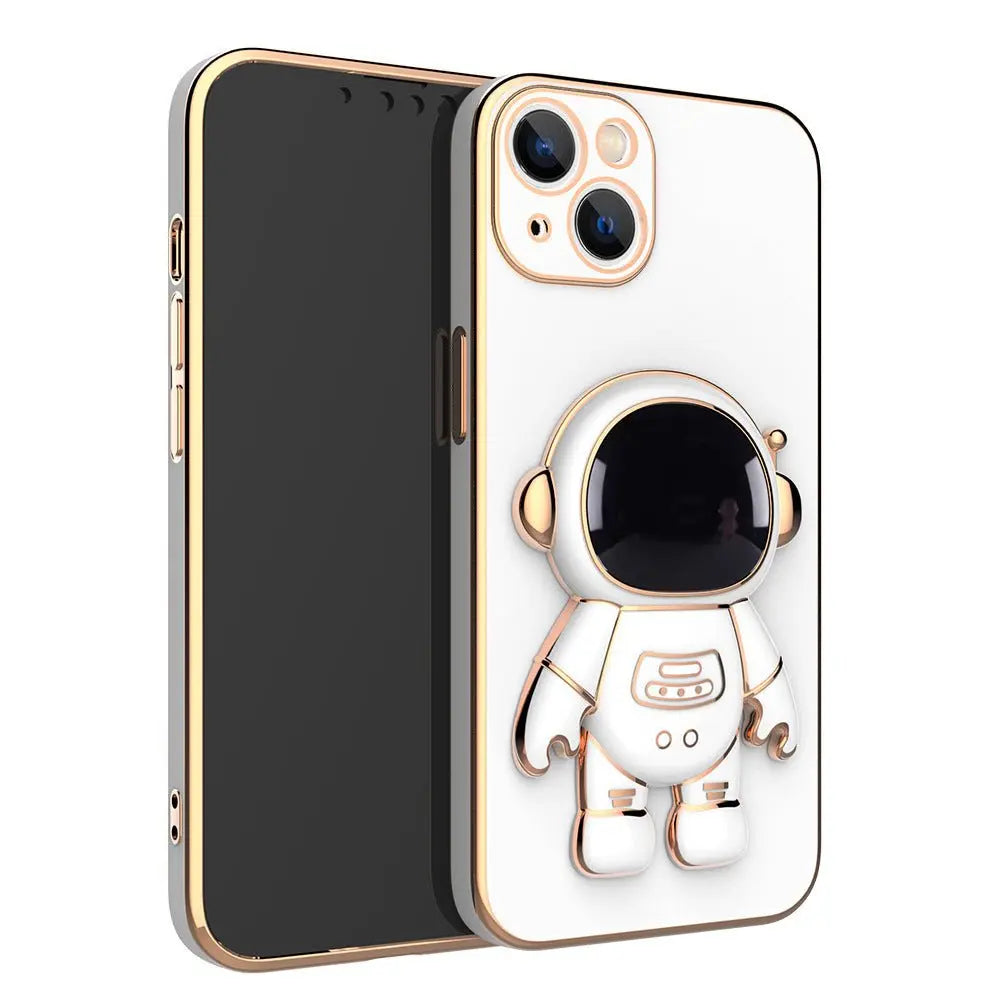 White iPhone case with 3D cartoon astronaut design and gold electroplating bracket for anti-drop protection