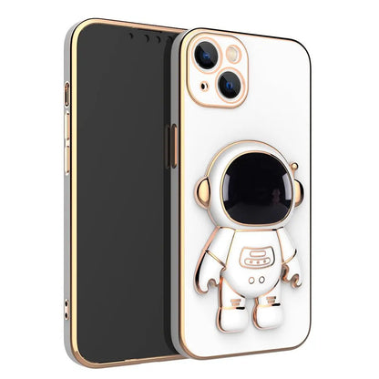 White iPhone case with 3D cartoon astronaut design and gold electroplating bracket for anti-drop protection