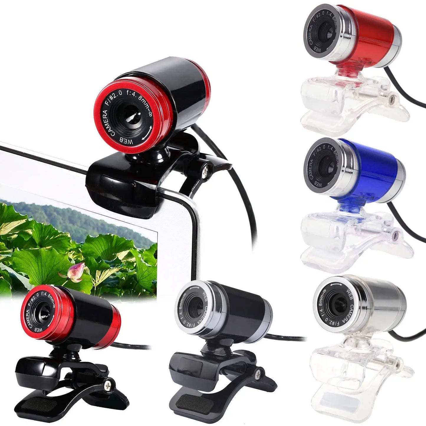 Collection of 480P HD webcams in red, blue, black, and silver with clip mounts for laptops and displays