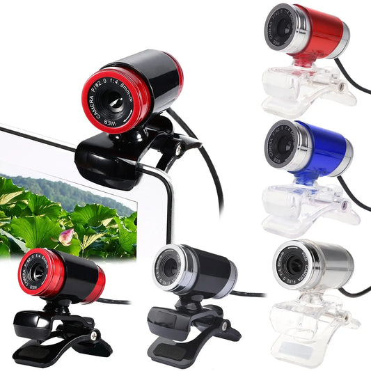 Collection of 480P HD webcams in red, blue, black, and silver with clip mounts for laptops and displays