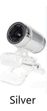 Silver 480P HD webcam with clear plastic clip mount and black lens ring for desktop and laptop use