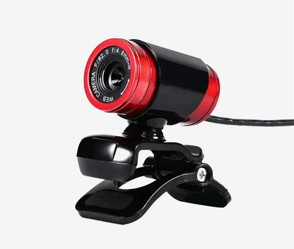 Compact 480P HD camera with red and black cylindrical lens mounted on adjustable black clip stand with cable attached
