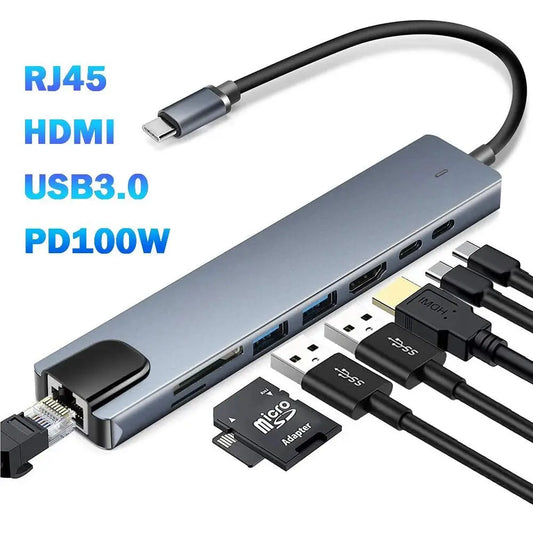 USB-C hub with multiple ports including RJ45 Ethernet, HDMI, USB 3.0, PD 100W charging, and microSD card slot