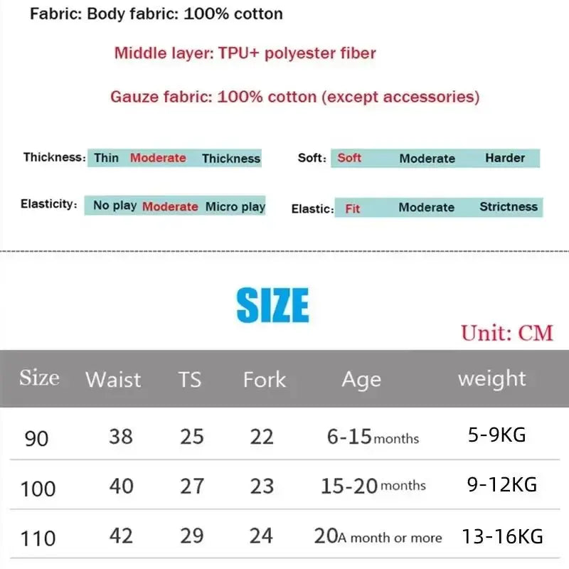 Size chart for baby waterproof cotton potty training pants with waist, thigh, fork, age, and weight measurements in centimeters