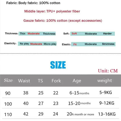 Size chart for baby waterproof cotton potty training pants with waist, thigh, fork, age, and weight measurements in centimeters