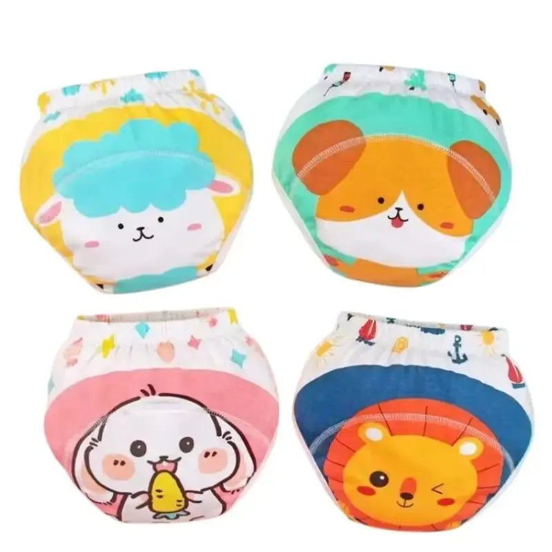 Set of 4 washable baby waterproof cotton training panties with colorful cartoon animal designs for boys and girls