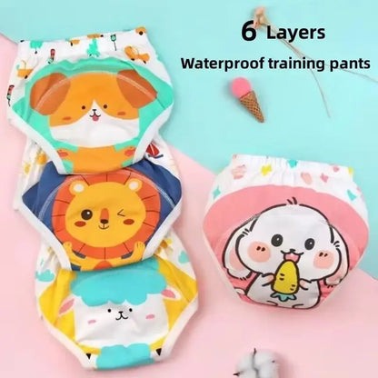 Four colorful baby waterproof training pants with cartoon animal prints in orange, blue, pink, and white designs.