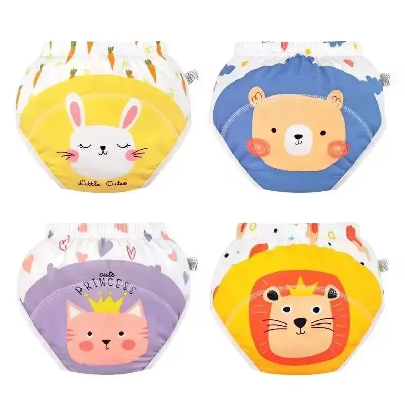 Set of 4 washable waterproof baby panties with cute bunny, bear, cat, and lion cartoon designs for potty training