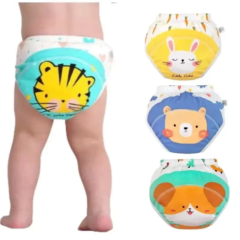 Set of 4 washable waterproof cotton baby potty training panties with cartoon animal designs for boys and girls