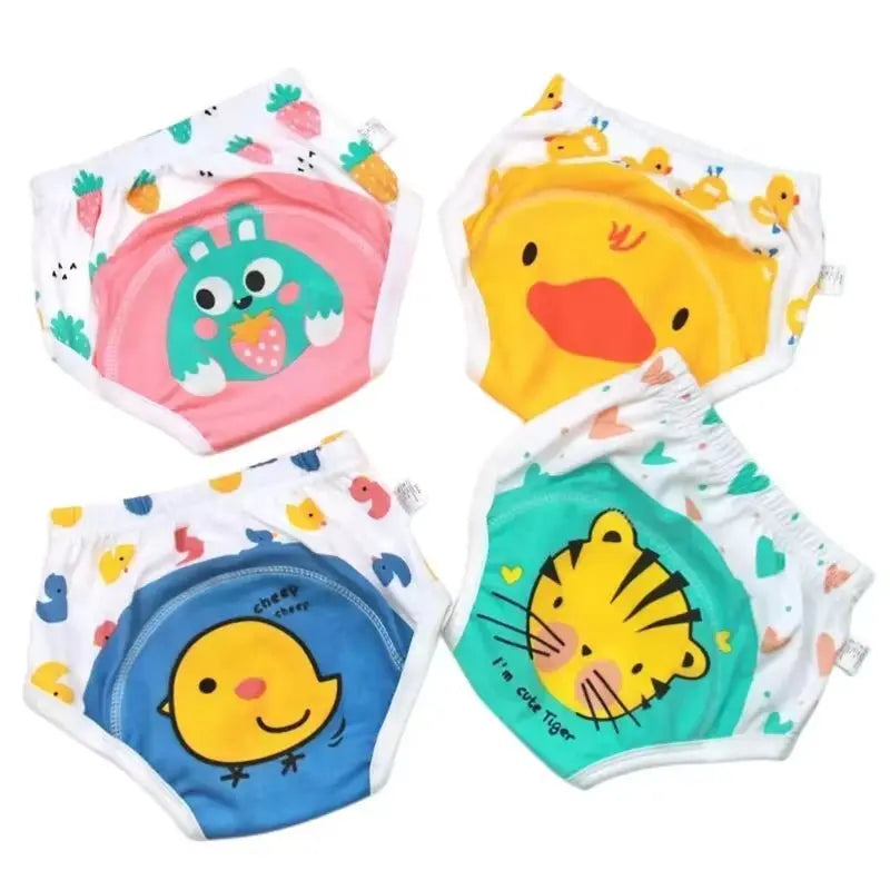 Set of four washable waterproof baby training pants with colorful cartoon animal and fruit prints