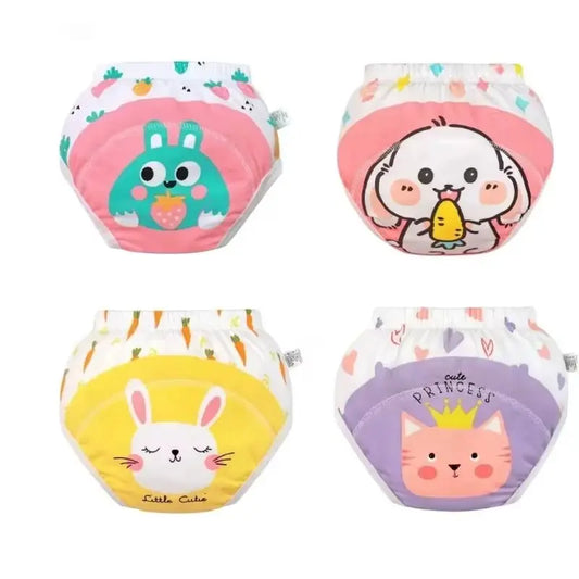 Set of 4 washable waterproof cotton baby training pants with colorful cartoon animal designs for girls and boys