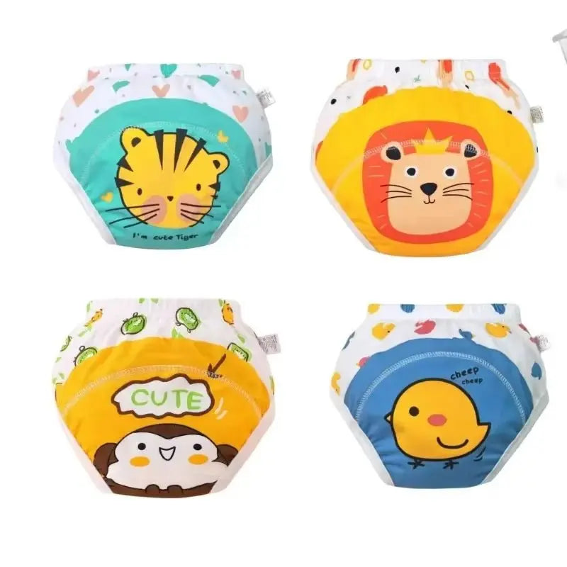 Set of 4 washable baby waterproof cotton cloth panties with cute tiger, lion, monkey, and chick cartoon designs