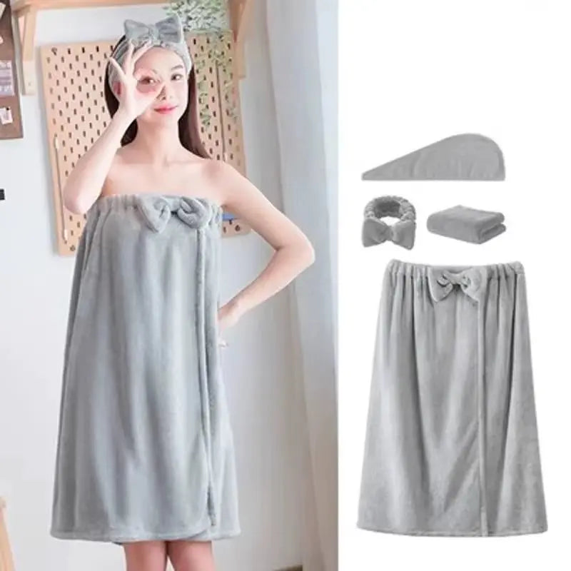 Grey microfiber 4-piece women's bath towel set with hair wrap, face towel, and bow-accented shower towel