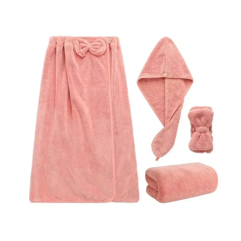 4PCS pink microfiber bath towel set for women including shower wrap, hair towel, face towel, and hand towel