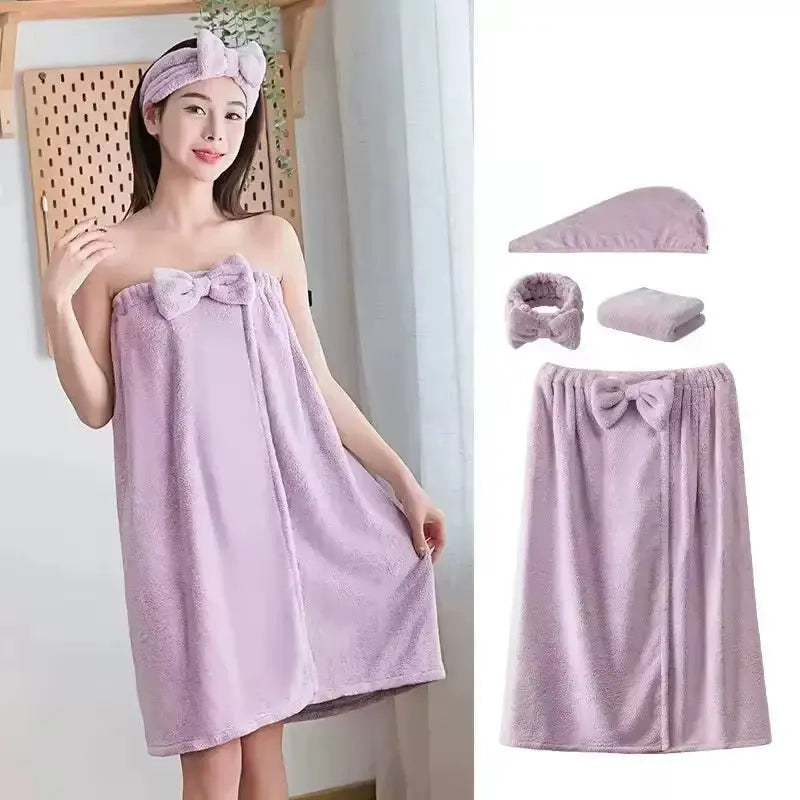 Set of 4 lavender microfiber towels including bath wrap, hair towel, face towel, and headband with bow detail