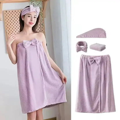 Set of 4 lavender microfiber towels including bath wrap, hair towel, face towel, and headband with bow detail