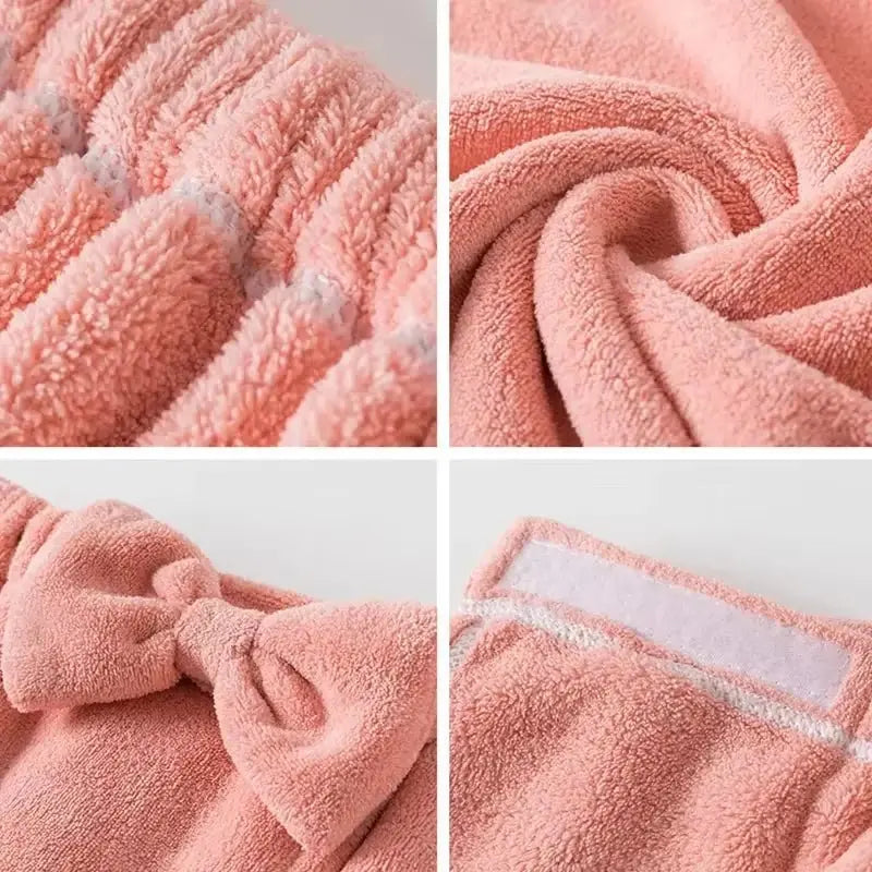 Close-up details of pink microfiber bath towel set showing soft texture, elastic band, bow accent, and velcro closure
