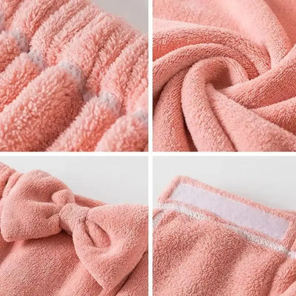 Close-up details of pink microfiber bath towel set showing soft texture, elastic band, bow accent, and velcro closure