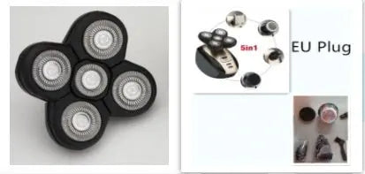 Close-up of 5 In 1 multifunctional electric shaver head with five circular blades for shaving and trimming
