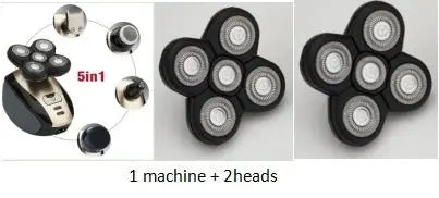5 In 1 multifunctional electric shaver with five-blade head and two additional detachable trimmer heads displayed separately