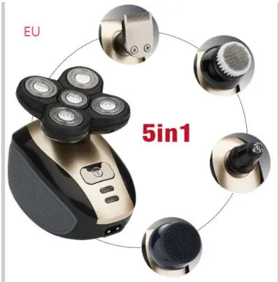 5 in 1 multifunctional electric shaver with five blade heads, facial brush, nose hair trimmer, and rechargeable design