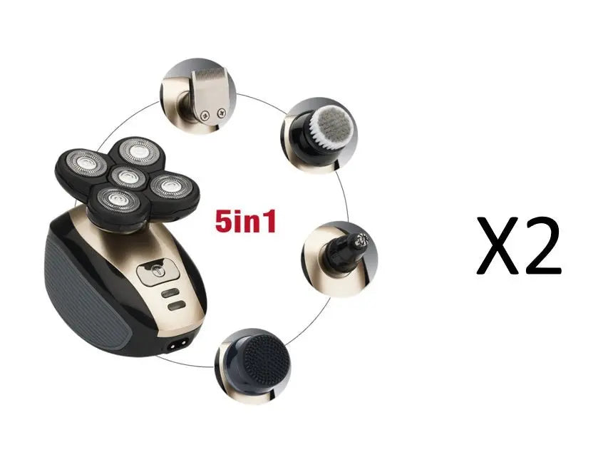 5 In 1 multifunctional electric shaver with five interchangeable heads including razor, trimmer, and brush attachments shown in black and gold
