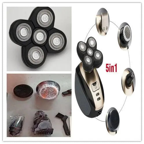 5 in 1 multifunctional electric shaver with five rotary blades and interchangeable grooming attachments for men