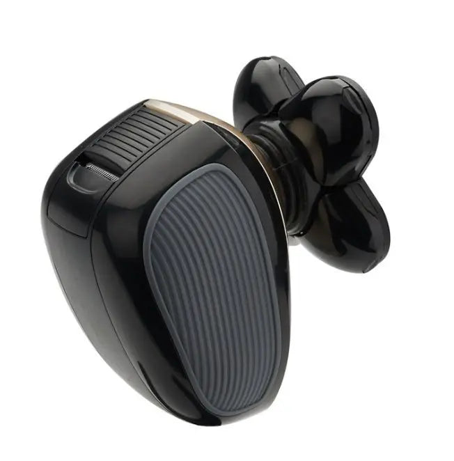 Close-up of black 5 in 1 multifunctional electric shaver with 5-blade rotary head and rubber grip handle