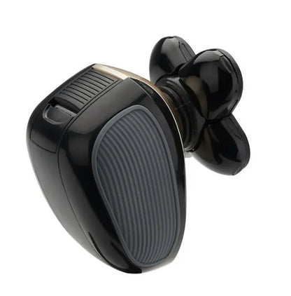 Close-up of black 5 in 1 multifunctional electric shaver with 5-blade rotary head and rubber grip handle