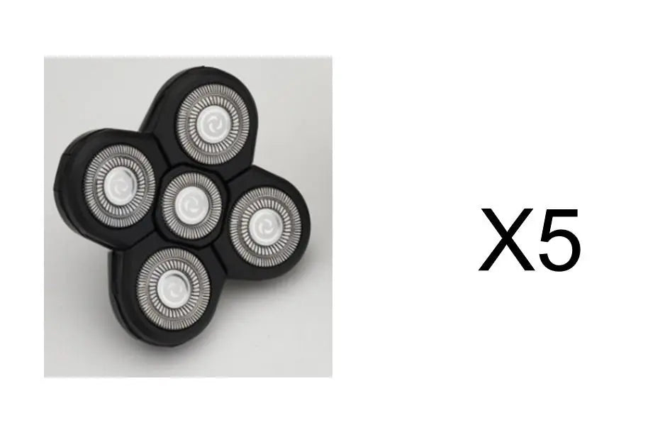 Close-up of black 5-blade electric shaver replacement head with circular foil blades displayed against white background