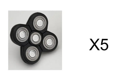 Close-up of black 5-blade electric shaver replacement head with circular foil blades displayed against white background