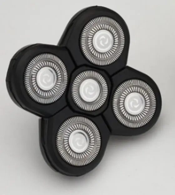 Close-up of 5-in-1 multifunctional electric shaver head with five circular rotary blades in black casing