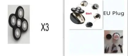 Close-up of 5 In 1 Multifunctional electric shaver triple rotary 5-blade razor head with EU plug and accessories shown