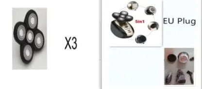 Close-up of 5 In 1 Multifunctional electric shaver triple rotary 5-blade razor head with EU plug and accessories shown