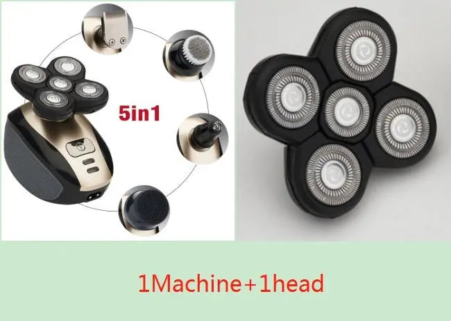 5-in-1 multifunctional electric shaver with five rotary blades and multiple detachable heads for shaving and trimming