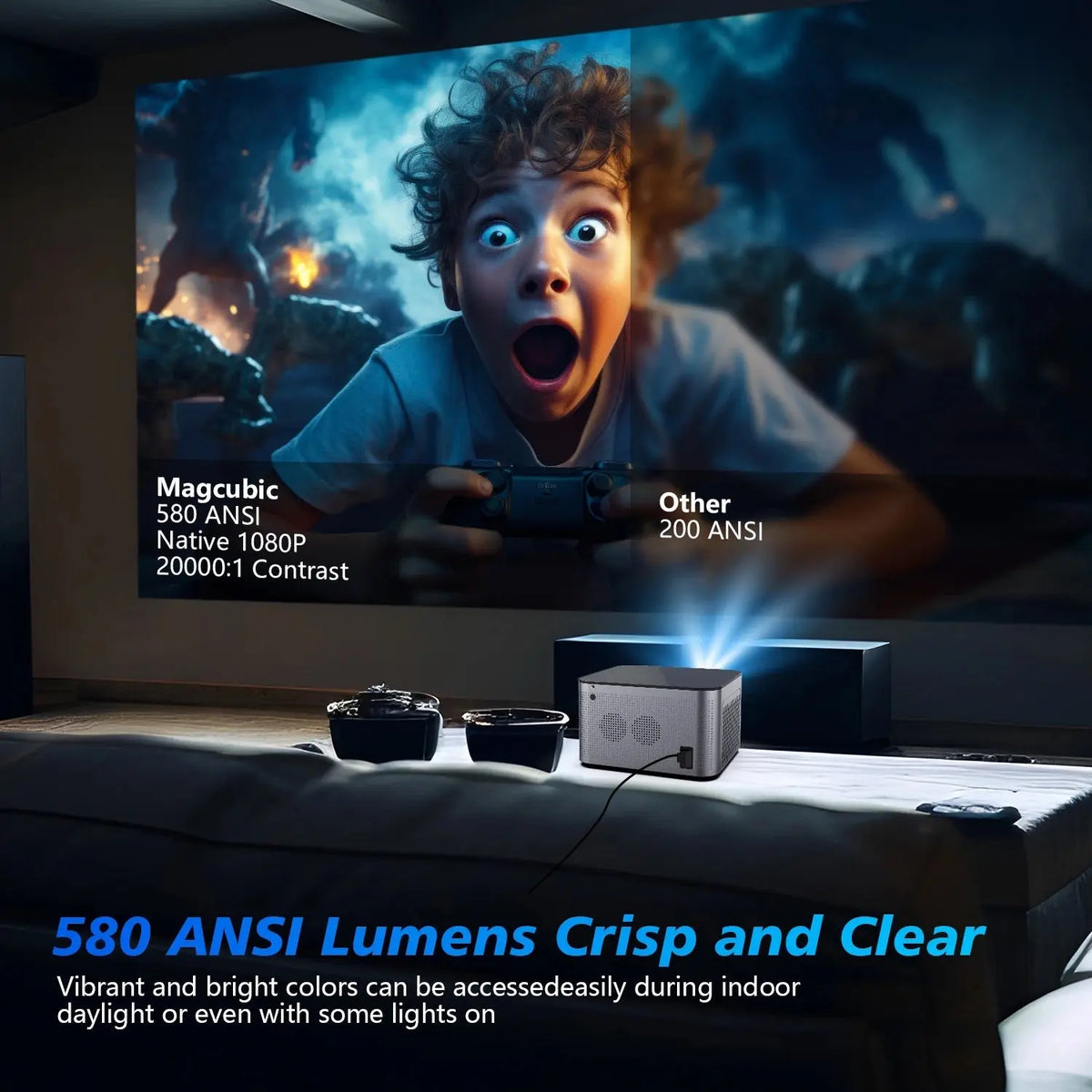Home cinema setup with 580ANSI projector displaying vibrant 1080P image contrasting brightness with a 200 ANSI projector