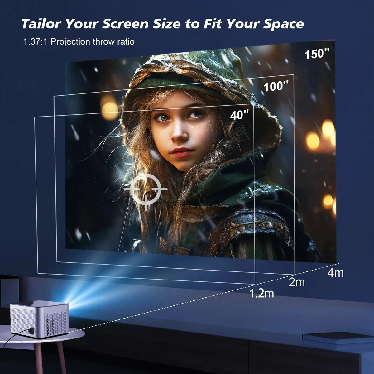 580ANSI Auto Focus Projector displaying image with 40", 100", and 150" screen size options and throw distance guide