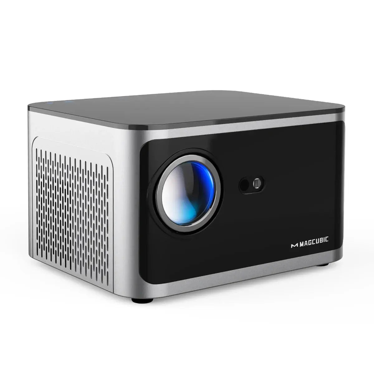 Sleek black and silver 580ANSI Auto Focus Projector with prominent lens and ventilation grid on side panel