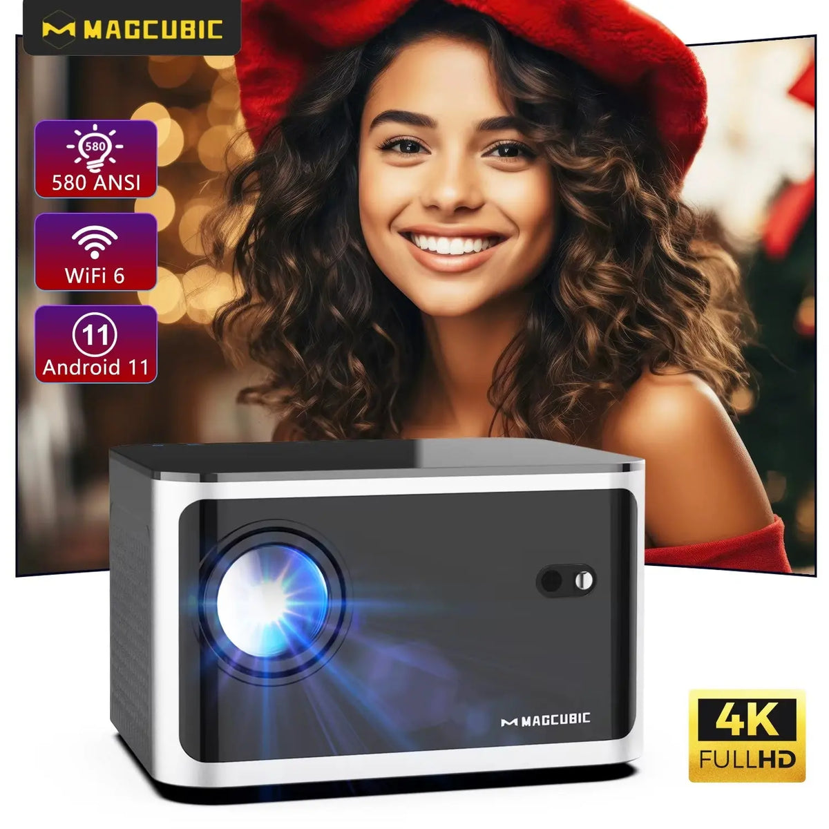 MAGCUBIC 580ANSI 4K Full HD projector with WiFi 6, Android 11, and bright lens projecting woman’s smiling portrait