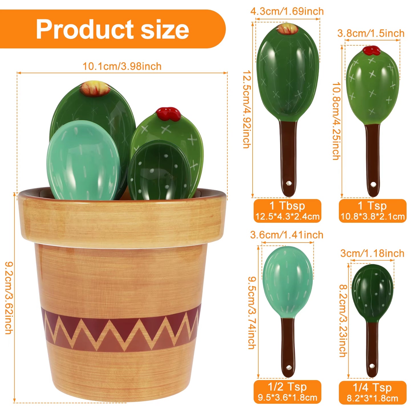 4Pcs Porcelain Measuring Spoons Set Wavy/Solid Color Pattern Base Cute Cactus Shape Kitchen Stirring Soup Spoon and Flower Pot