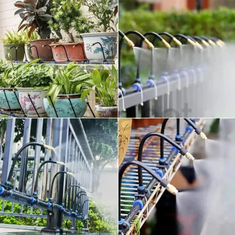 Collage showing 5M-20M greenhouse drip irrigation kit with 360° curved nozzles misting plants in pots and garden railings