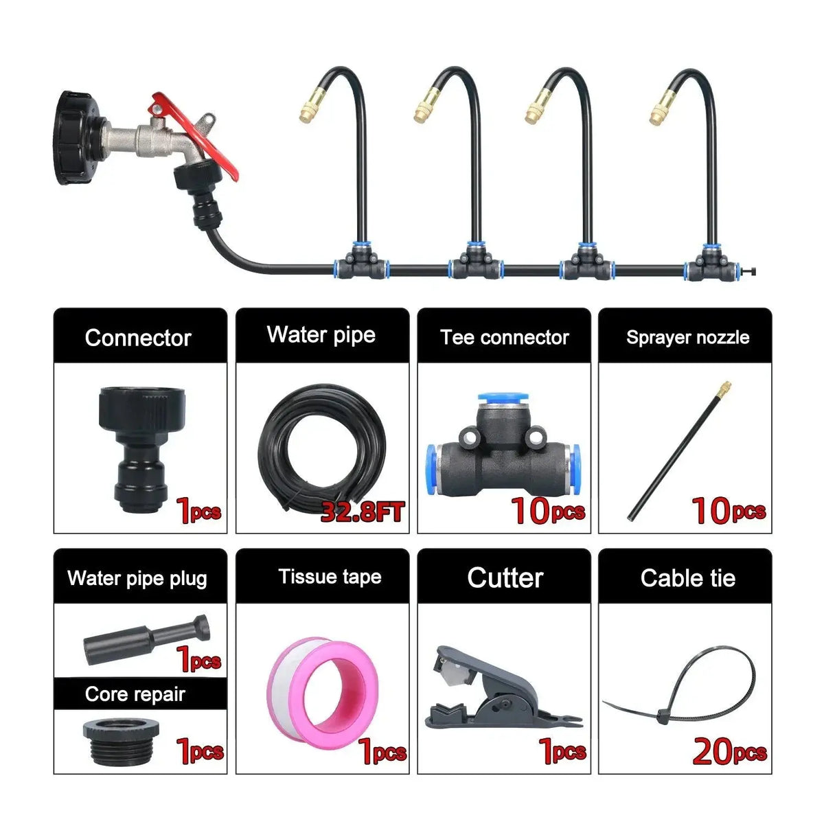 Garden drip irrigation kit components including connector, water pipe, tee connectors, spray nozzles, tape, cutter, and cable ties