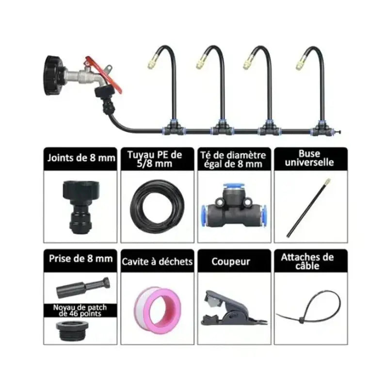 Components of 5M-20M Greenhouse drip irrigation kit including metal hose nozzles, connectors, tape, cutter, and cable ties