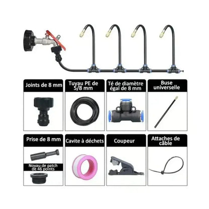 Components of 5M-20M Greenhouse drip irrigation kit including metal hose nozzles, connectors, tape, cutter, and cable ties