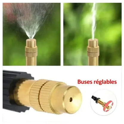 Close-up of adjustable brass nozzle for 360° curved garden irrigation with spray and jet water flow options