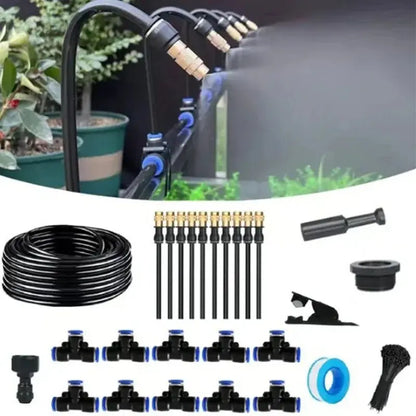 5M-20M greenhouse drip irrigation kit with 360° spray nozzles, tubing, connectors, and fittings for automatic plant watering